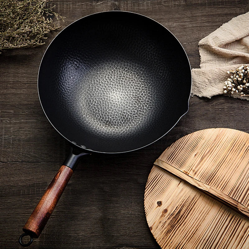 Konco panela de ferro fundido wok, panela não revestida de uso geral para fogão a gás e indução 32cm panela wok chinesa ferramentas de cozinha